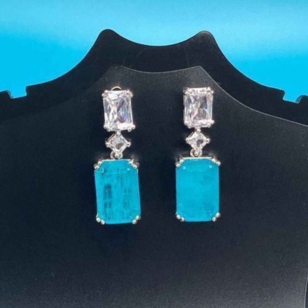 Emerald Cut Paraiba Tourmaline & CZ Diamond Lux Drop Dangle Earrings